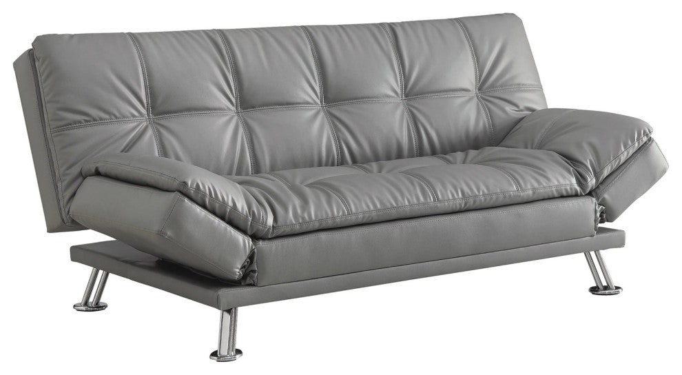 Modern Futon, Gray Faux Leather Seat With Adjustable Arms & Elegant Tufting