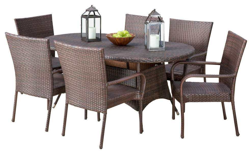 GDF Studio 7-Piece Kory Outdoor Multibrown Wicker Round Dining Set