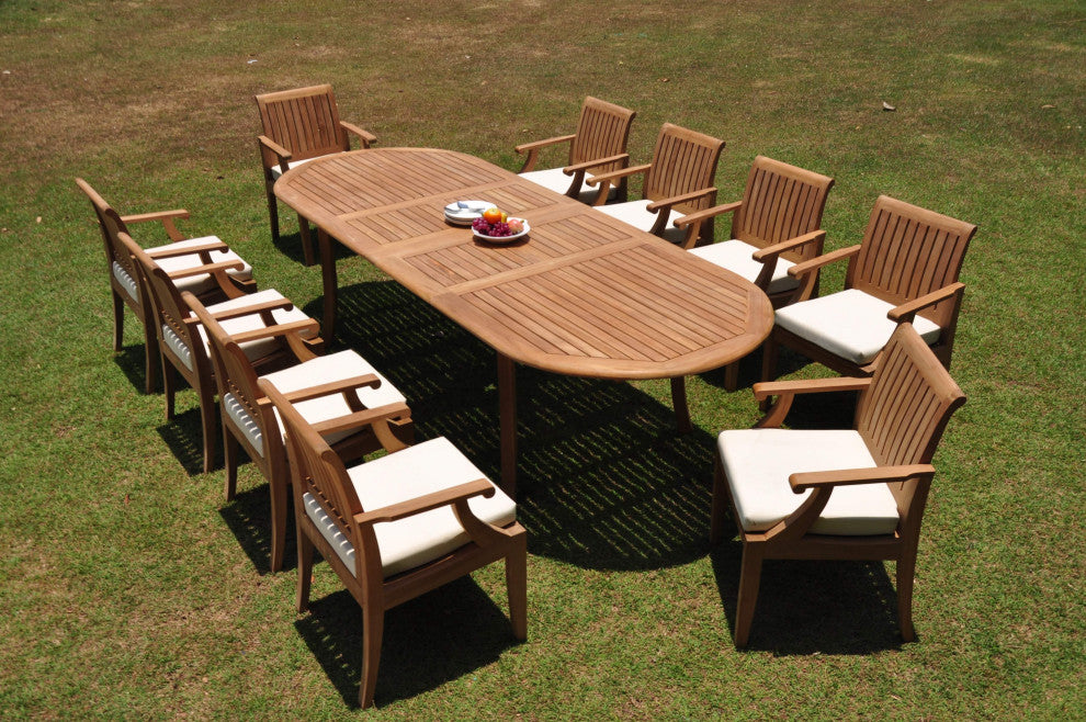 11-Piece Outdoor Teak Dining Set: 117" Oval Extension Table, 10 Lagos Arm Chairs