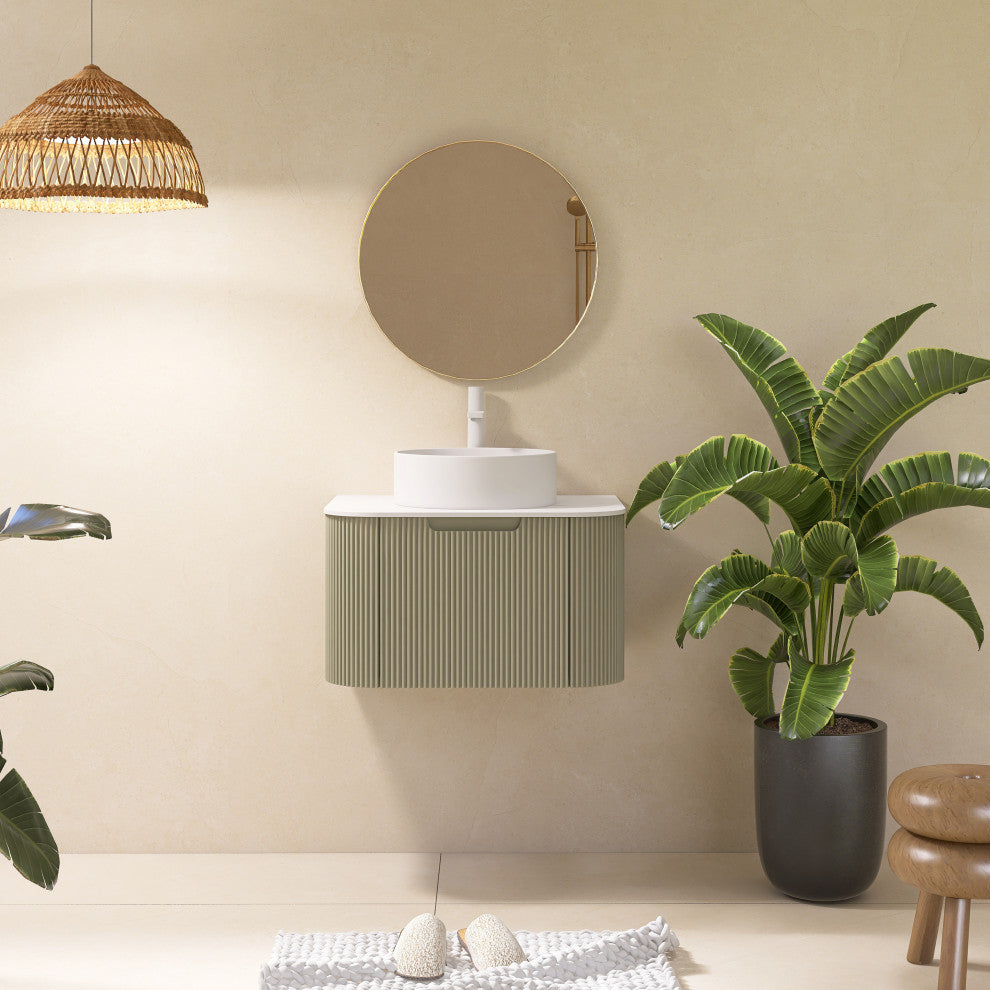 Wall-Mounted Bathroom Vanity With White Round Ceramic Basin, Light Green, 24"