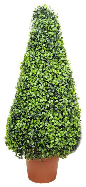 Potted Two-Tone Artificial Boxwood Tower Topiary Tree, 32.5"