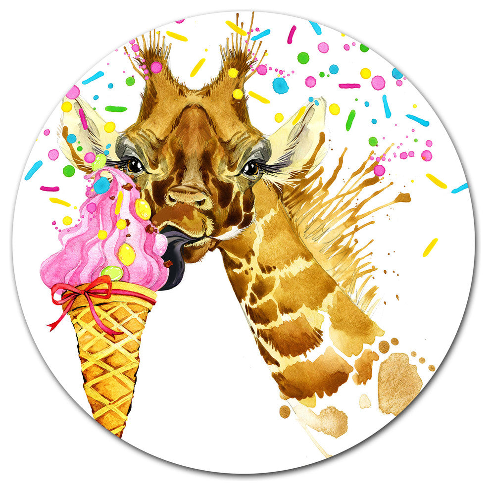 Giraffe Eating Ice Cream Watercolor, Animal Art Round Wall Art, 36"