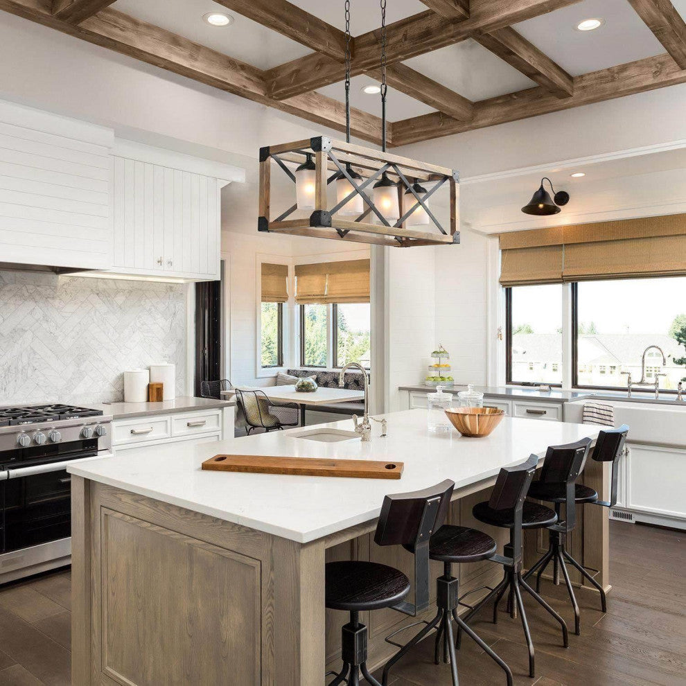 LNC 4-Light Farmhouse Distressed Wood Linear Kitchen Island Light, Frosted Glass Shade