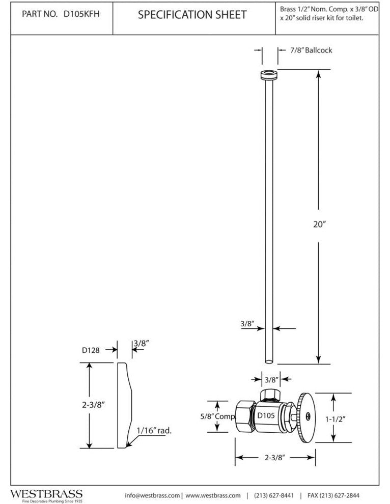 Toilet Kit - 5/8" Od X 3/8" Od X 20" Flat Head In Oil Rubbed Bronze, Powder Coated White