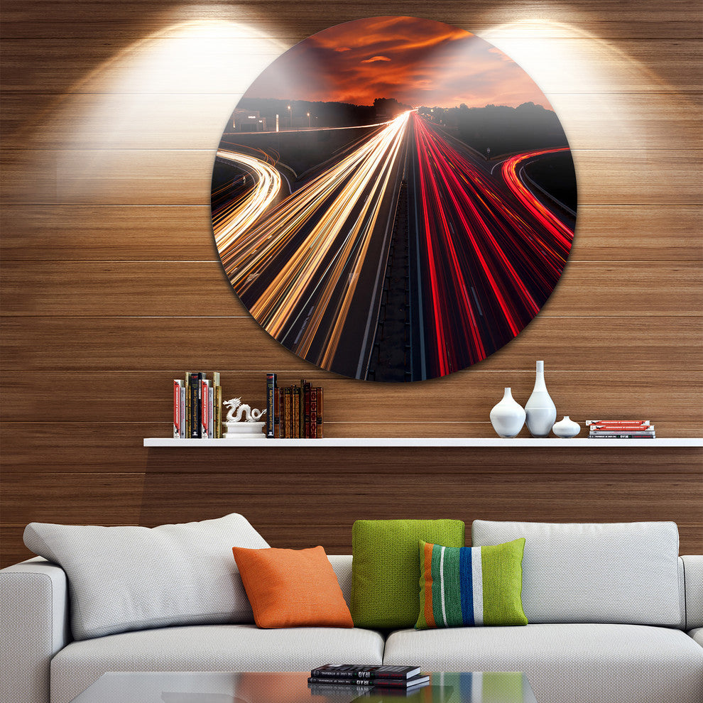 Speed Traffic Trails, Cityscape Digital Art Disc Metal Artwork, 23"