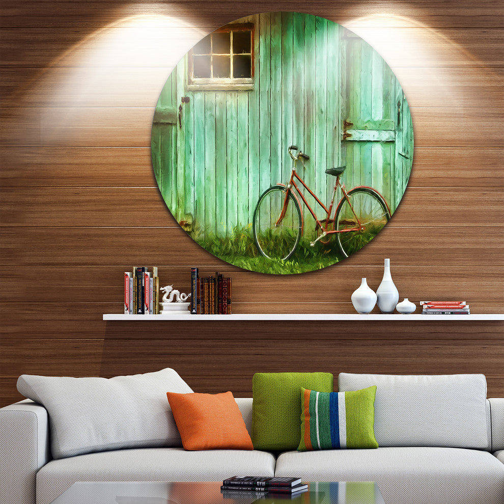Old Bicycle Against Barn, Landscape Photo Round Wall Art, 23"