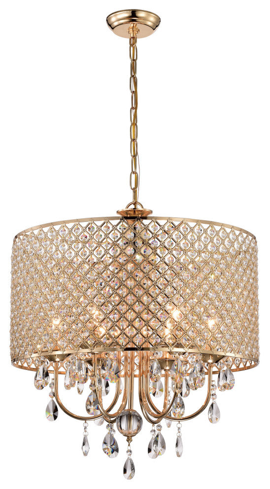 6-Light Gold Round Beaded Drum Chandelier With Hanging Crystals
