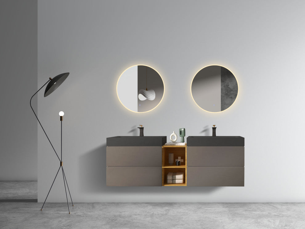 Wall-Mounted Bathroom Vanity with Double Sinks and Open Shelf, Light Gray, 72"