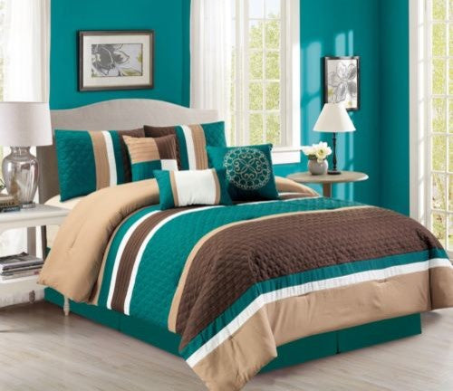 7p Pinsonic Quilted Trellis Striped Pleated Comforter Set, Teal, Full