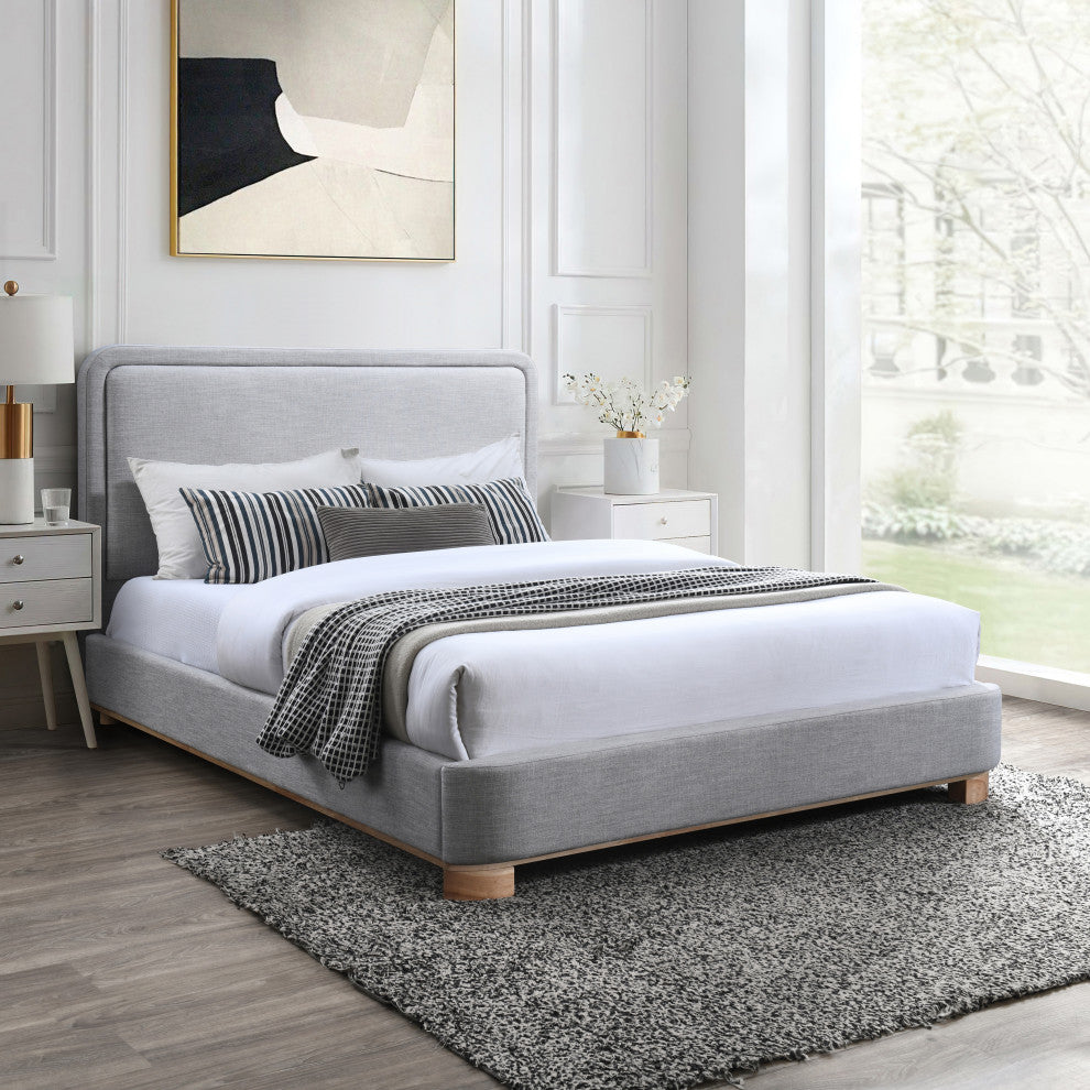 Nolita Linen Textured Fabric Upholstered Bed, Gray, Full, Natural Finish