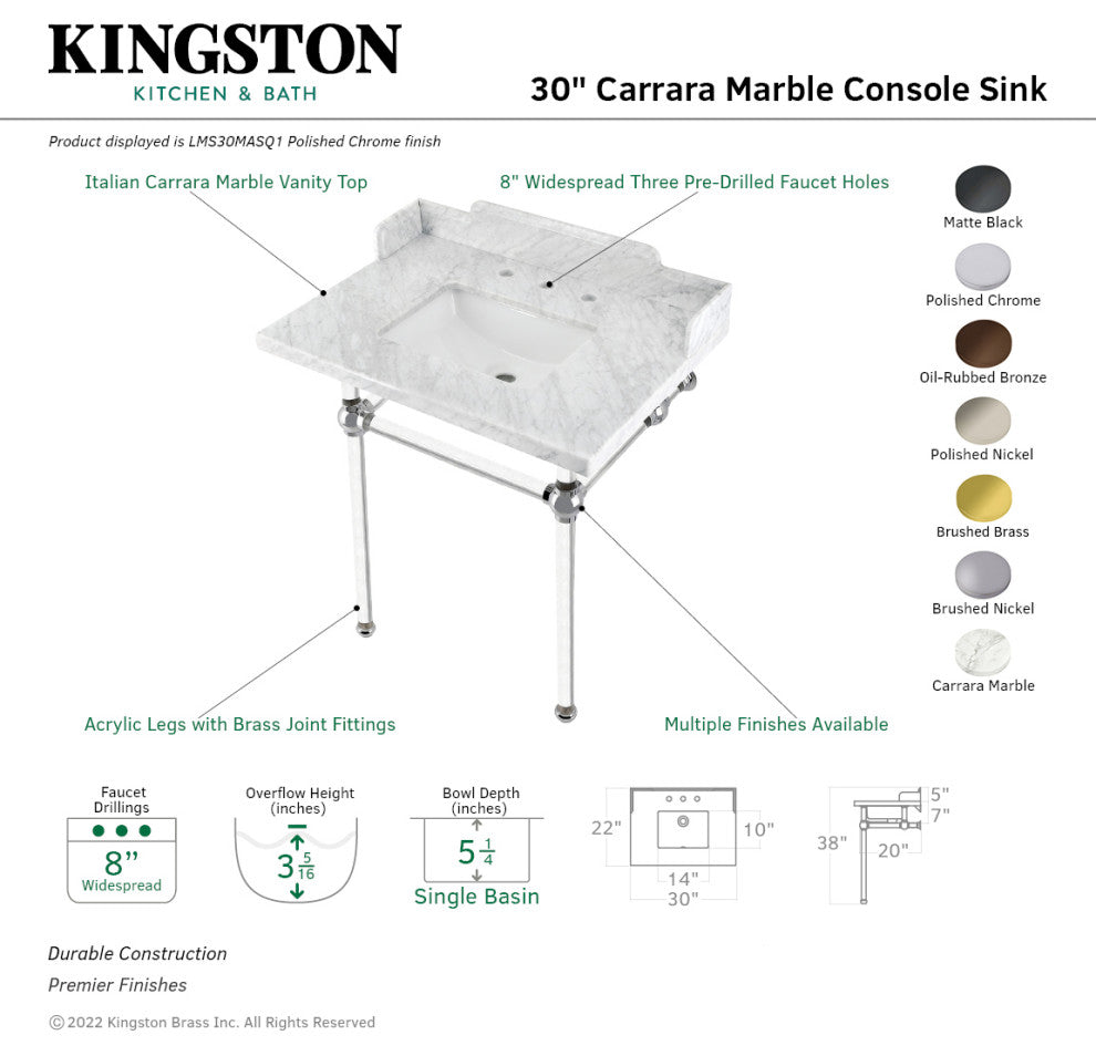 Kingston Brass LMS30MASQ1 30" Carrara Marble Console Sink, Acrylic Legs