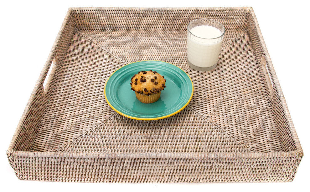 Artifacts Rattan™ Square Ottoman Tray with Cutout Handles, White Wash, 24"x24"