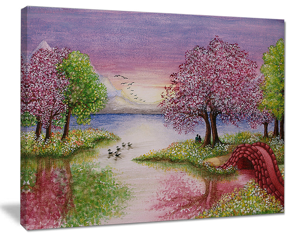 "Romantic Lake in Pink and Green" Wall Art Landscape, 20"x12"