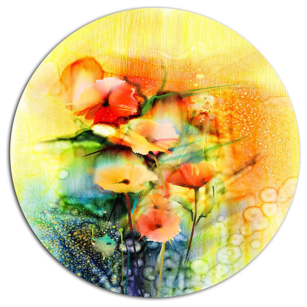 Colored Watercolor Flowers On Yellow, Modern Floral Round Wall Art, 11"