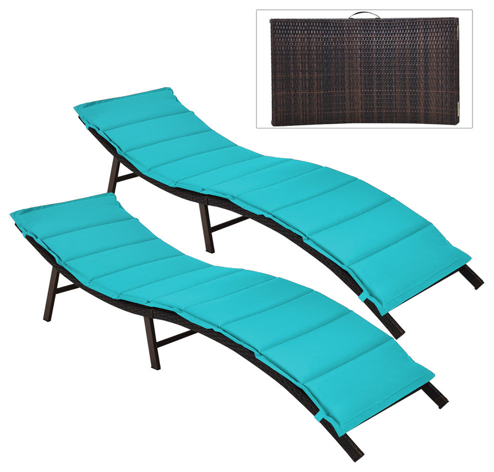 Costway 2PCS Patio Rattan Folding Lounge Chair Chaise Cushions Turquoise