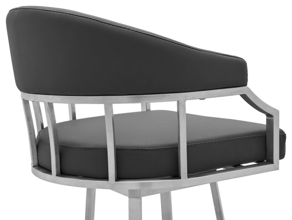 Palmdale Swivel Faux Leather Stool, Gray/Brushed Stainless Steel, 30" Bar Height