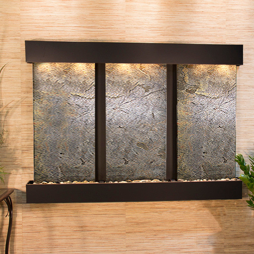 Olympus Falls Water Fountain, Green Featherstone, Blackened Copper, Square