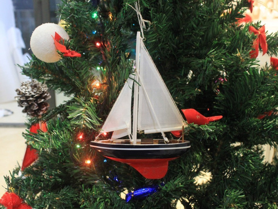 Sailboat Christmas Tree Ornament, Blue White and Red, 9"