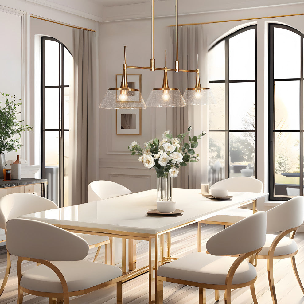 LNC 3-Light Polished Gold Modern Linear Kitchen Island Light, Seeded Glass