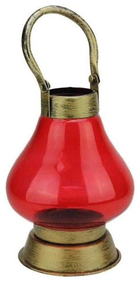 8" Decorative Indian Inspired Transparent Glass Tea Light Candleholder, Red