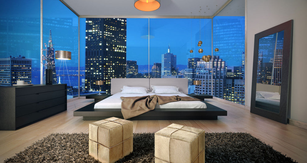 Akanji King Bed in Pearl Gray Eco Leather and Wenge