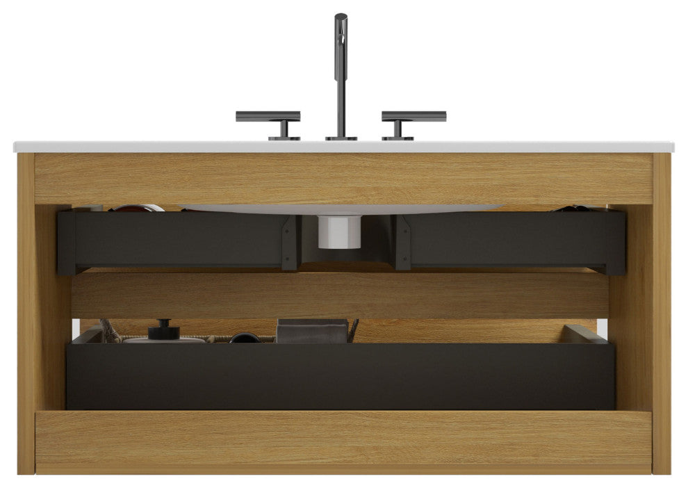 Wall-Mounted Bathroom Vanity Set with Ceramic Sink, Oak, 36"