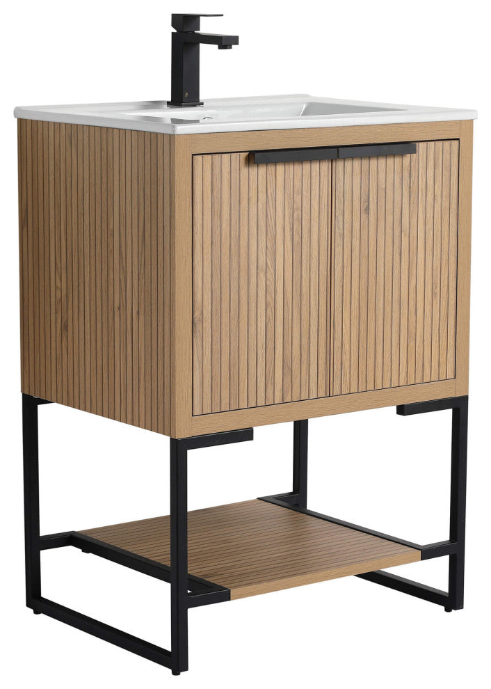 Kingsford Grooved-Look Bath Vanity, Bright Oak, White Ceramic Sink, 24", Doors