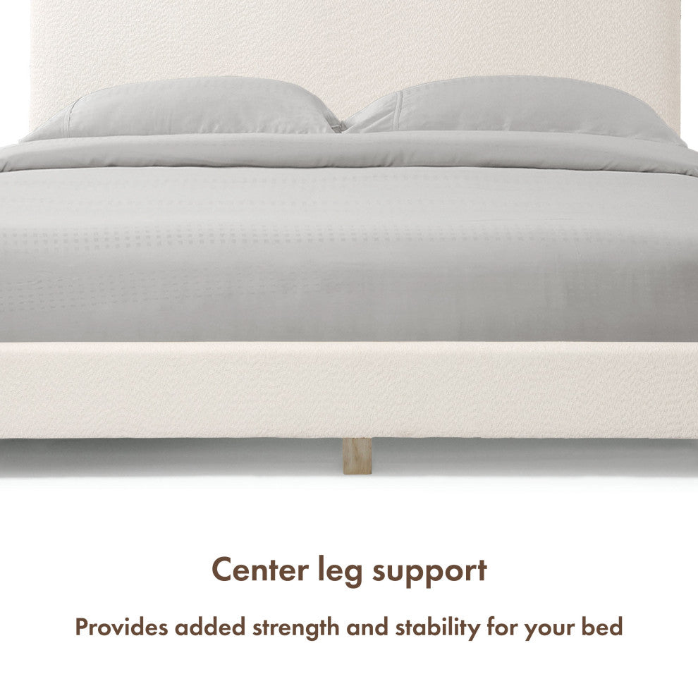 Miles White Boucle Upholstered Wood Frame Platform Bed, Queen, Simple Standard