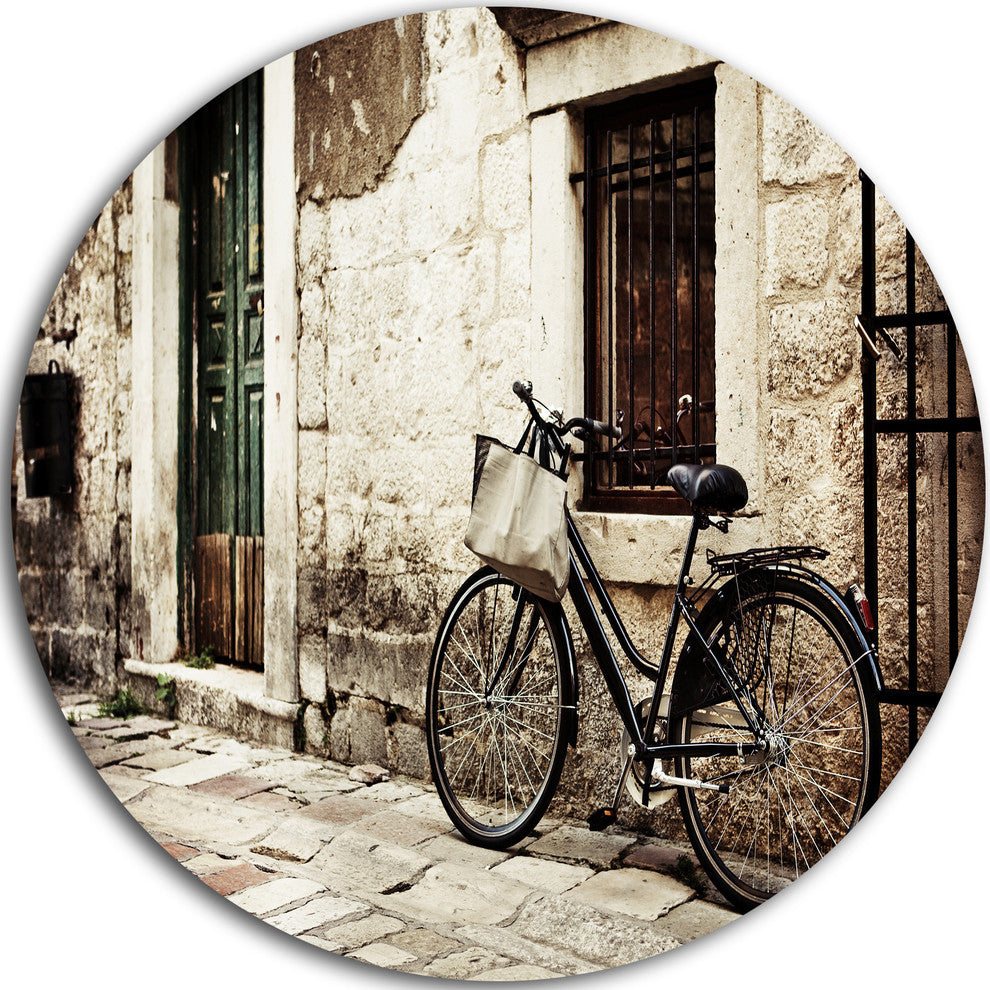 Bicycle With Shopping Bag, Landscape Photo Round Wall Art, 23"