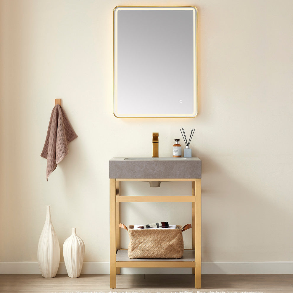 Funes Bath Vanity with Mirror, Brushed Gold Support, 24'', Grey Stone Top