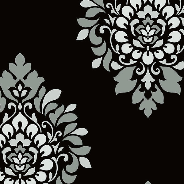 Modern Damask Wallpaper, Black and Gray, Set of 2 Bolts