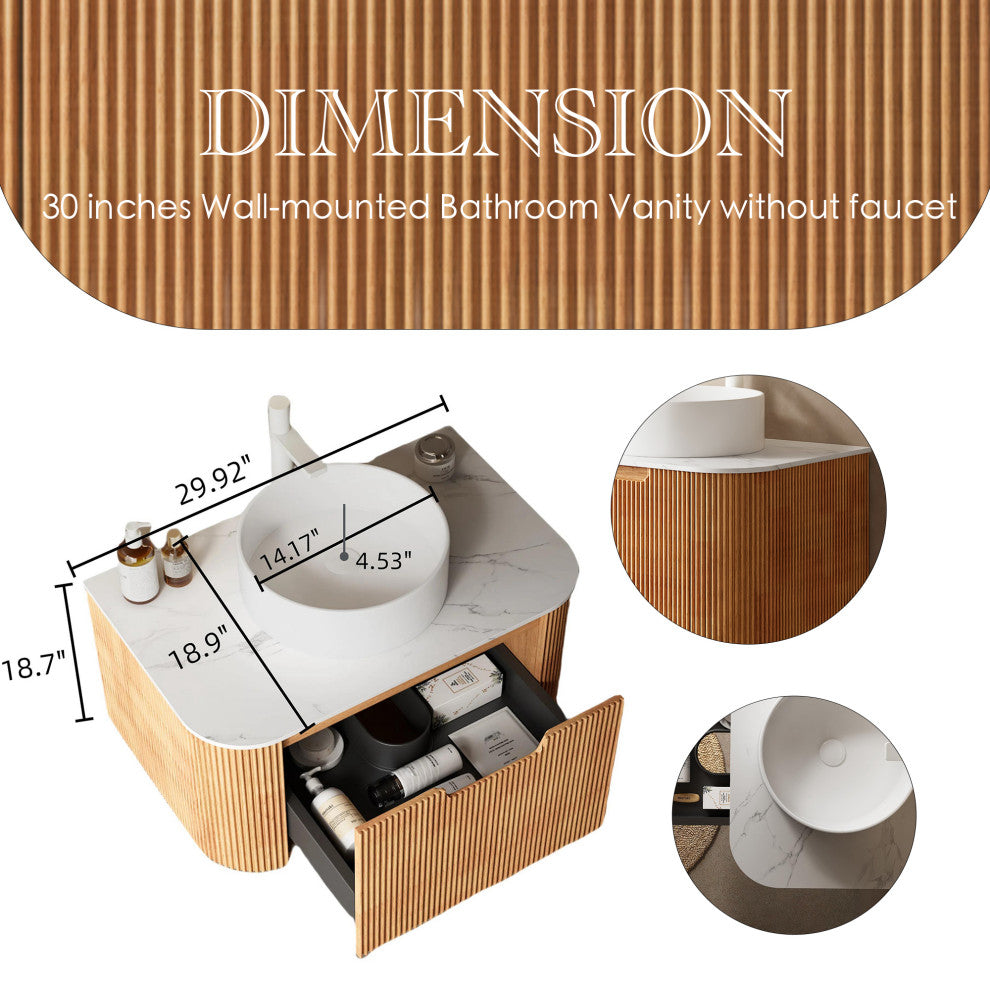 Wall-Mounted Bathroom Vanity With White Round Ceramic Basin, Natural Wood, 30"