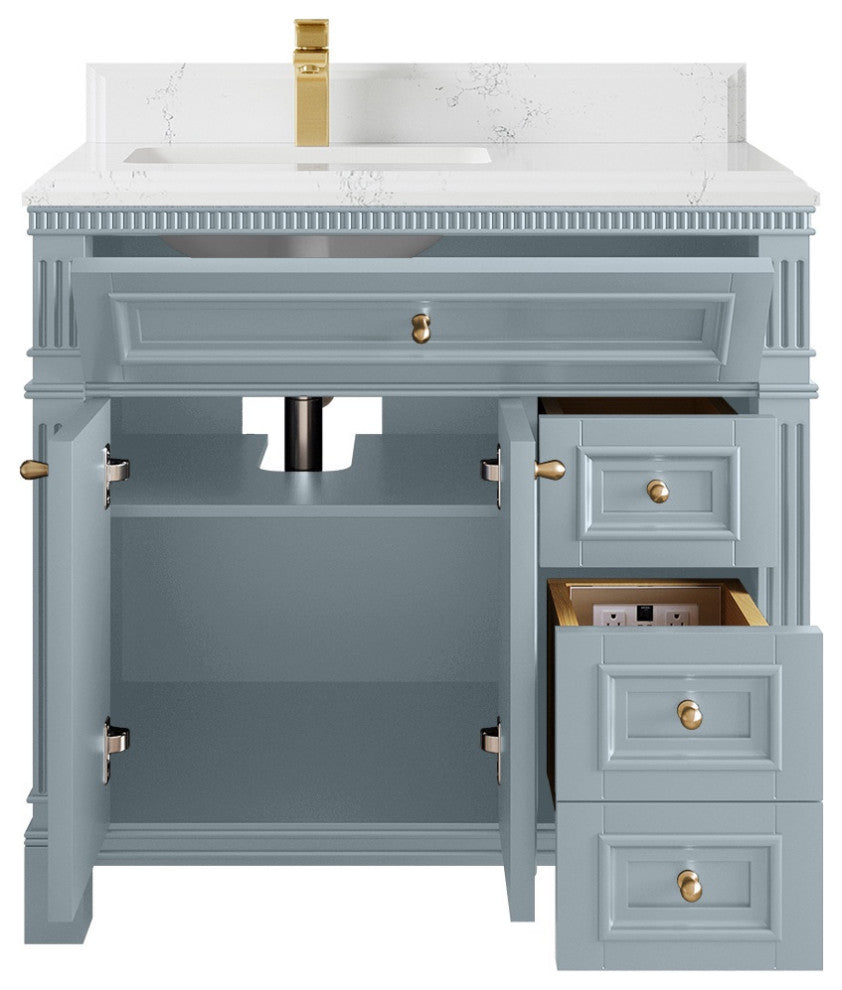 Paris 36" Left Offset Bathroom Vanity, Blue Heather 1.5" Empira Quartz