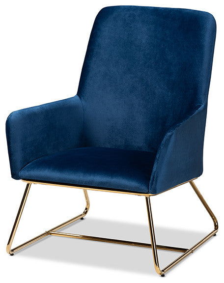 Sennet Glam and Luxe Navy Blue Velvet Fabric Upholstered Gold Finished Armchair