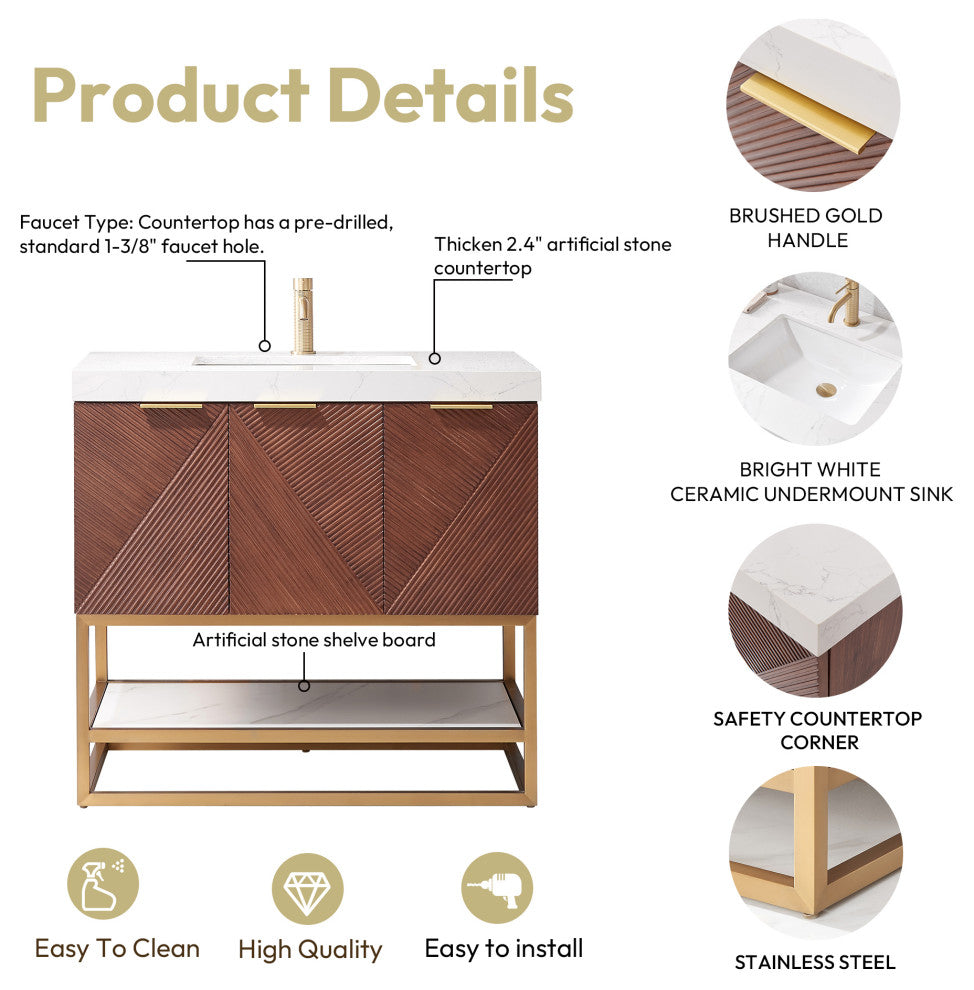 Mahon Bath Vanity, Stone Top, Brushed Gold Base, 36", Single Vanity, No Mirror