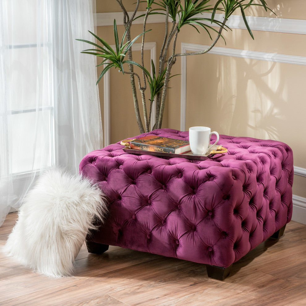 GDF Studio Provence Dark Teal Tufted Velvet Fabric Square Ottoman Bench, Fuchsia