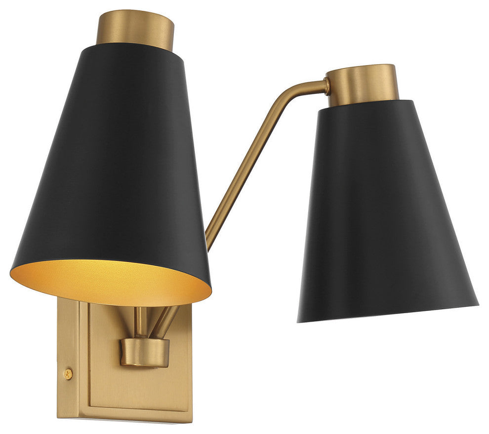 2-Light Wall Sconce, Matte Black With Natural Brass
