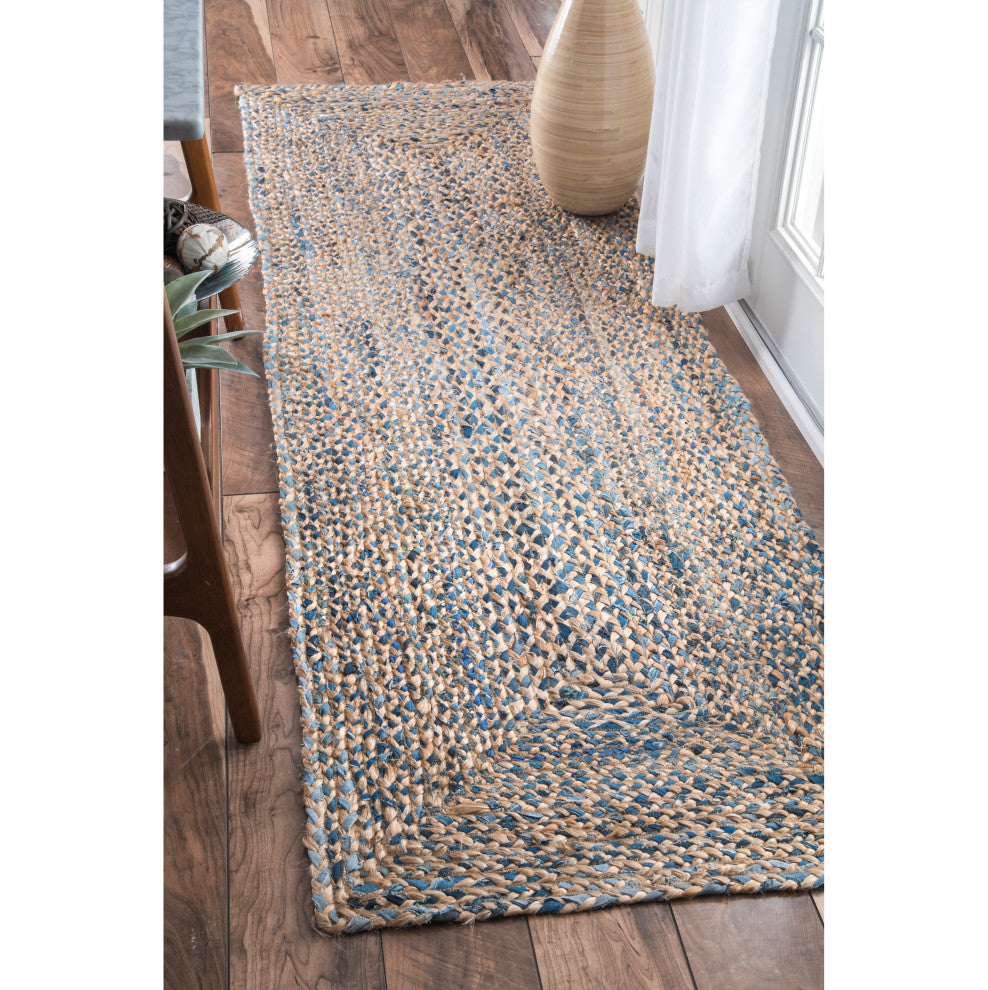 Nuloom Hand Braided Twined Jute and Denim Area Rug, Blue 2'6"x8'Runner