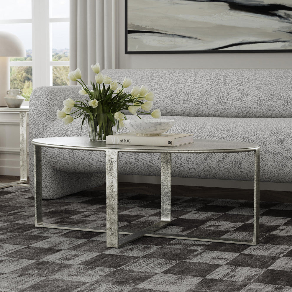 Kosas Home Flores 48" Industrial Oval Metal Nickel Coffee Table