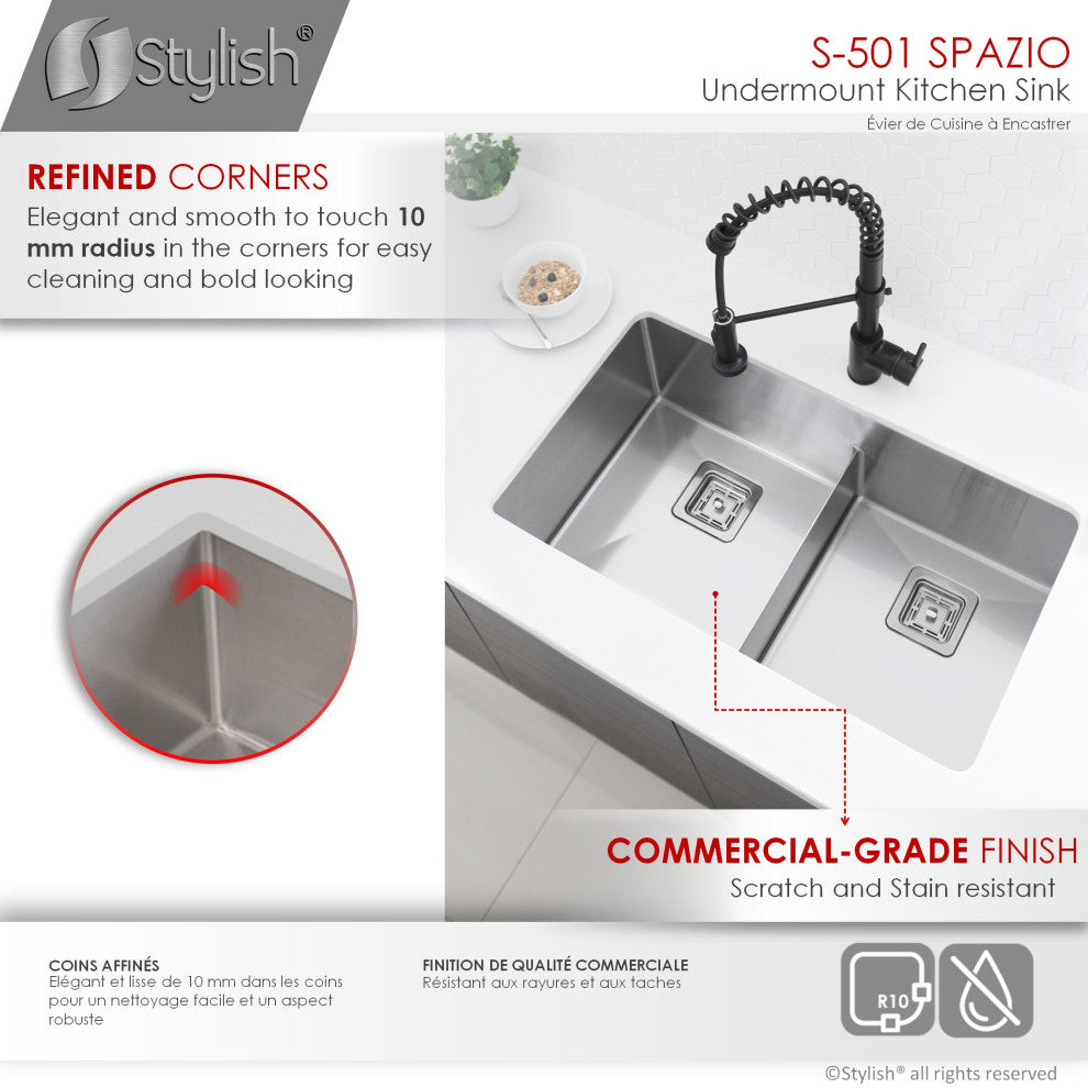 33"x18" Stainless Steel Double Basin Undermount Kitchen Sink