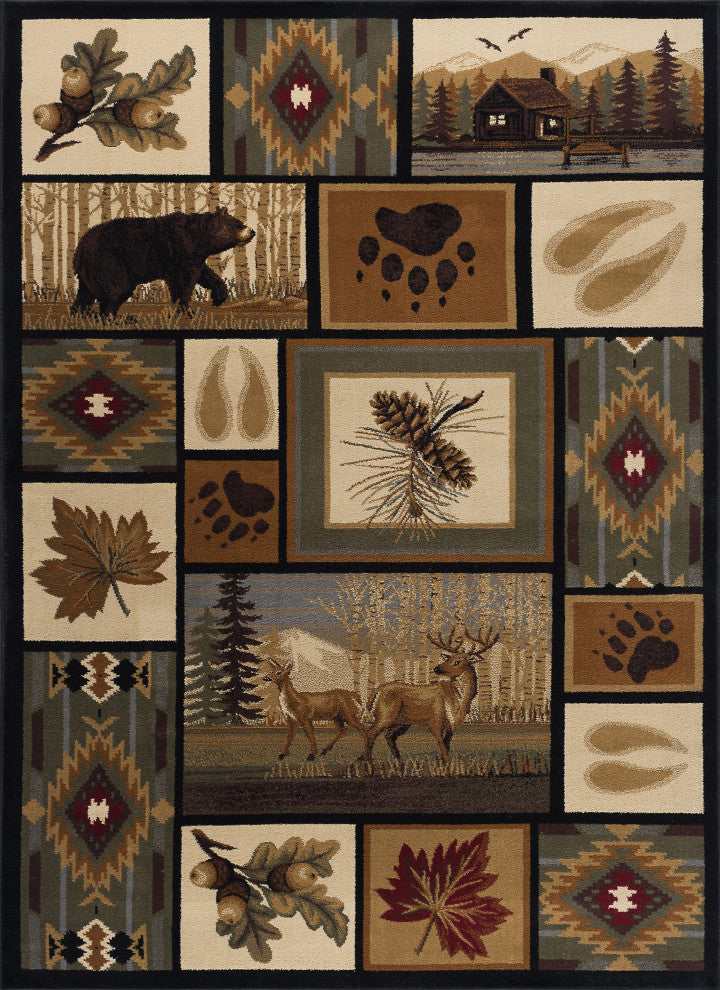 Northern Wildlife Novelty Lodge Pattern Multicolor Rectangle Area Rug, 8'x10'