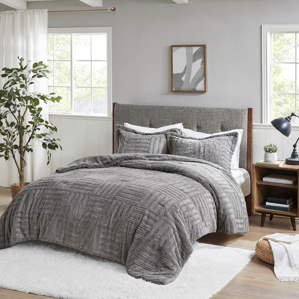 Madison Park Arctic 3-Piece Faux Faur Checkbord Comforter Set, Grey