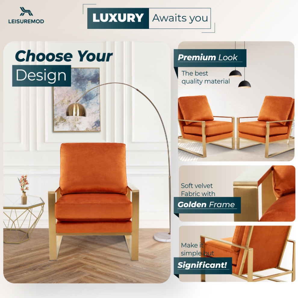 LeisureMod Jefferson Velvet Accent Armchair With Gold Frame, Orange Marmalade