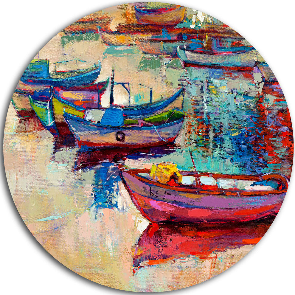 Boats And Ocean, Seascape Painting Round Wall Art, 36"