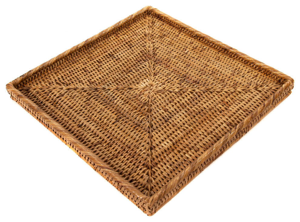 Artifacts Rattan Square Flat Tray, Honey Brown, 12"x12"x1"