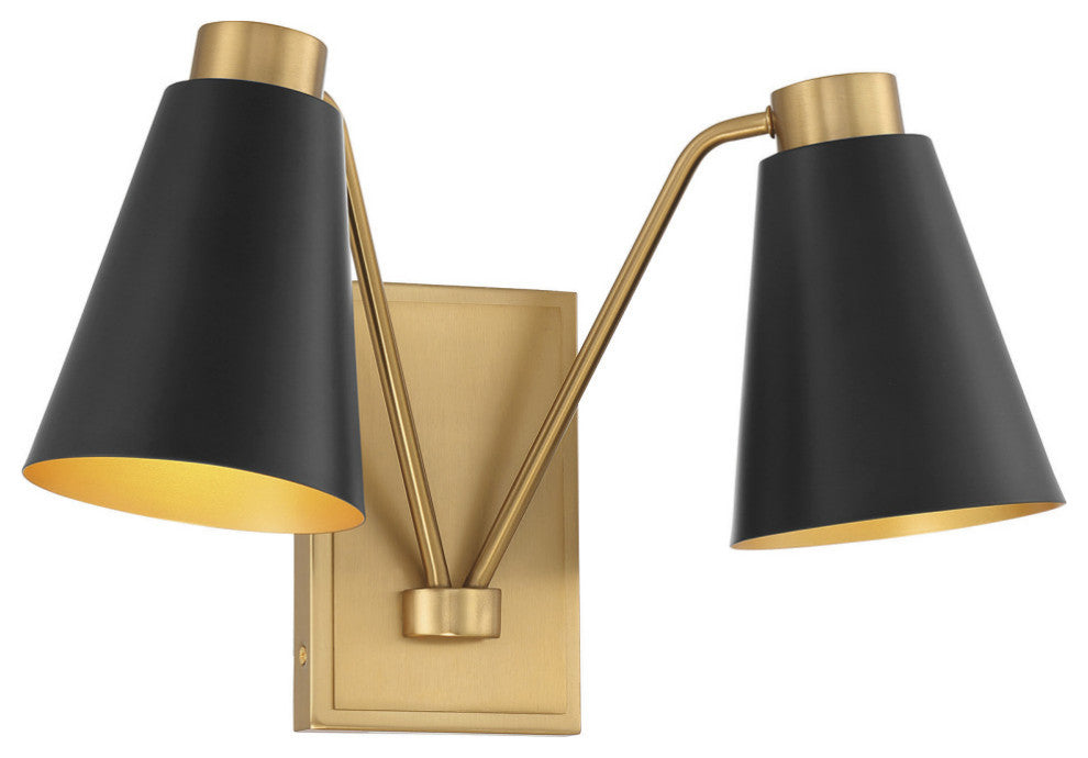 2-Light Wall Sconce, Matte Black With Natural Brass