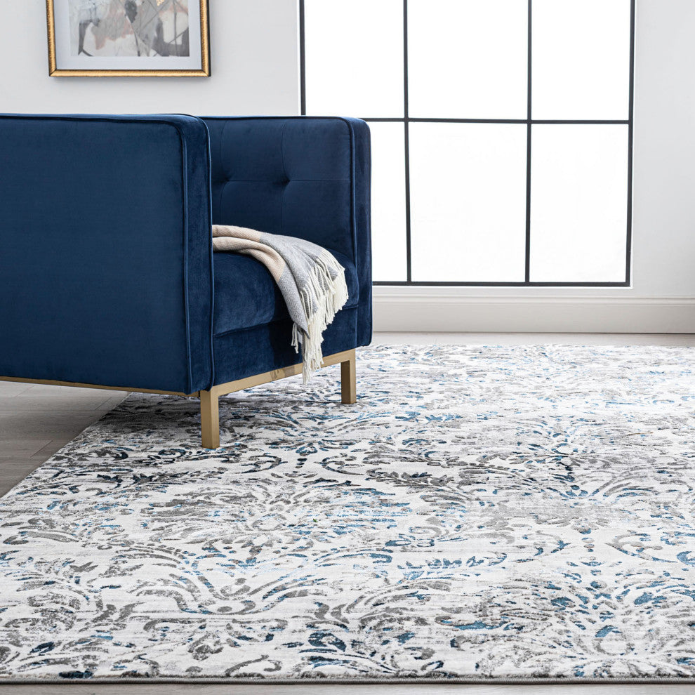 Kathryn Transitional Damask Area Rug, Blue, 5'x7'