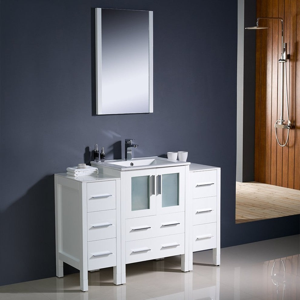 Torino 48" White Modern Bathroom Vanity With 2 Side Cabinets, FFT9131CH