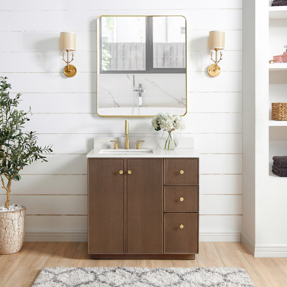 Oza Bath Vanity with Quartz Stone Top, Aged Dark Brown Oak, 36", Single Vanity, No Mirror