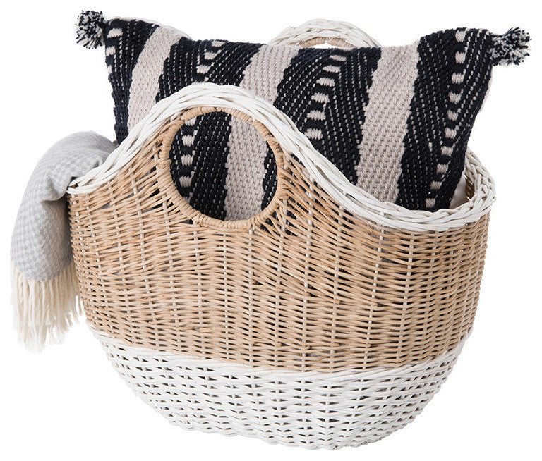Oval Tote Decorative Wicker Storage Basket, Natural and White